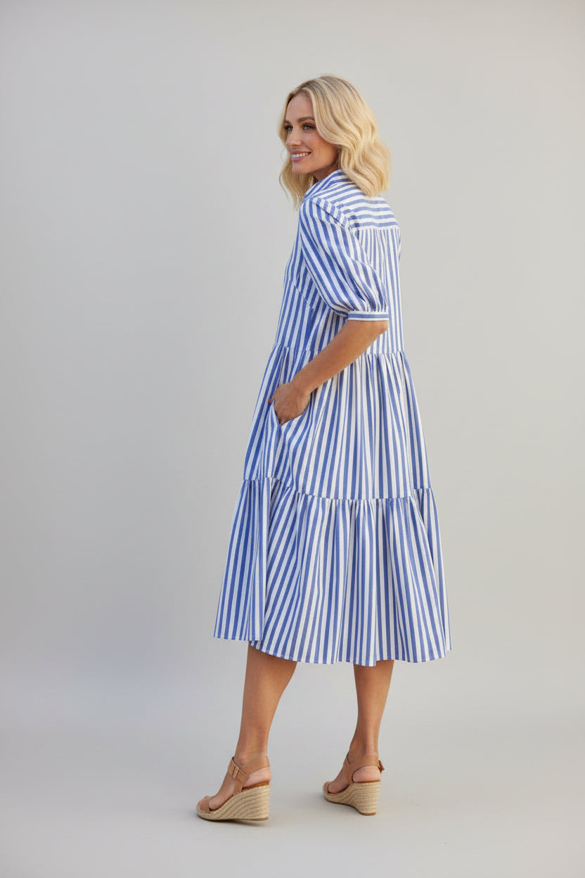 Women's Striped Cotton Shirtdress - Lightweight Relaxed Midi Dress with Collar, Navy & Green