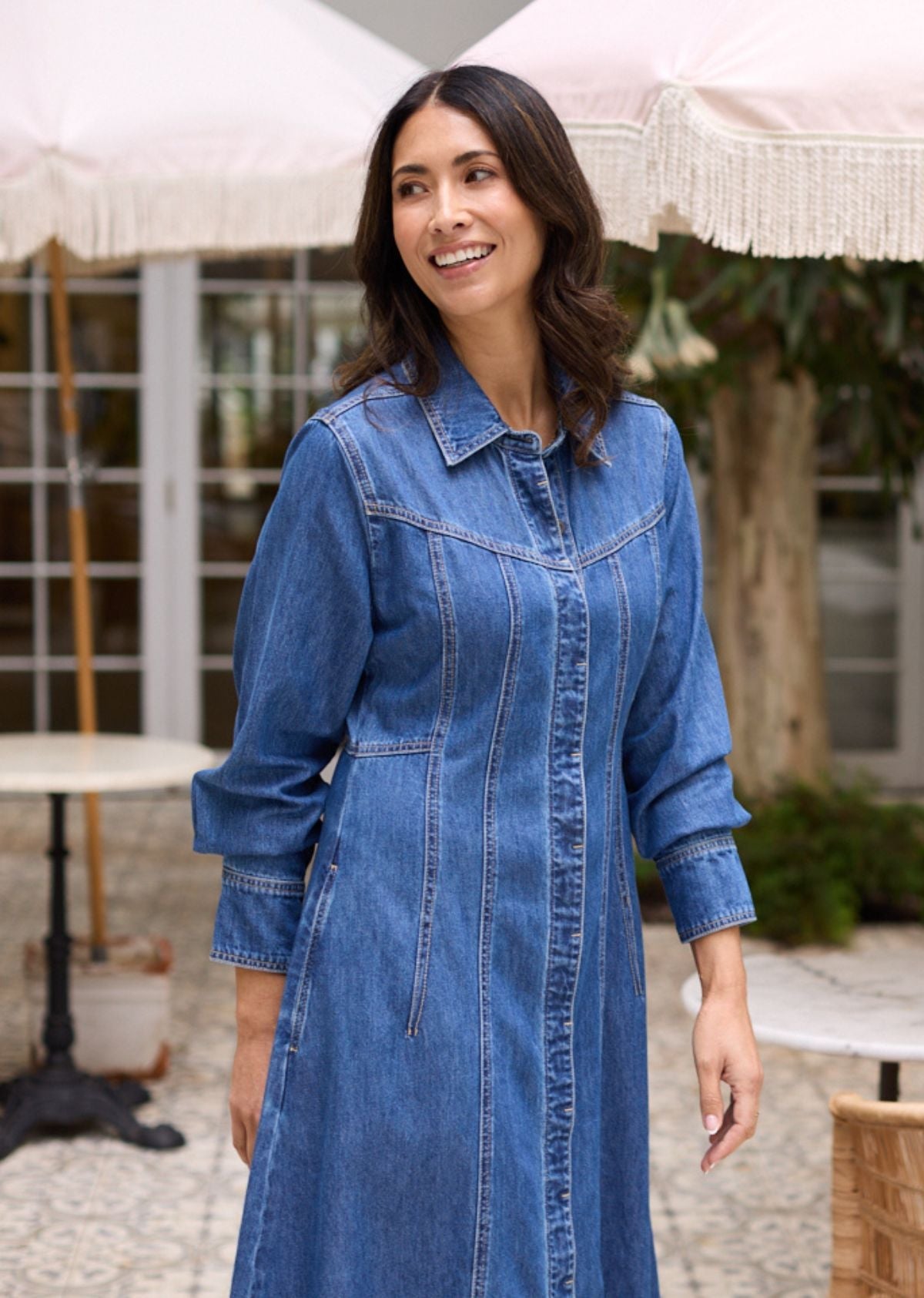 LILLIE LONG SLEEVE DENIM DRESS - MID BLUE