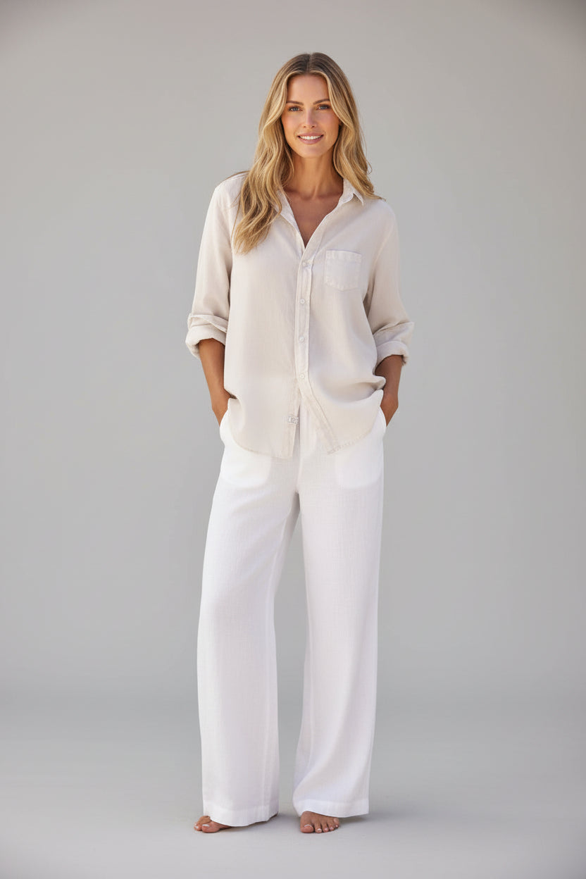 Women's Organic Cotton Voile Blouse - Airy Lightweight Button-Up, Sand Beige