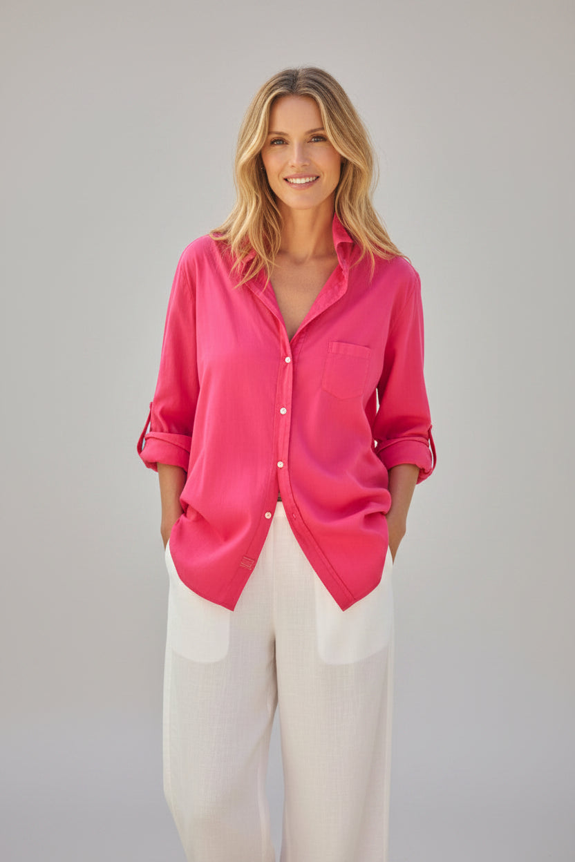 Women's Organic Cotton Voile Blouse - Airy Lightweight Button-Up, Raspberry Pink