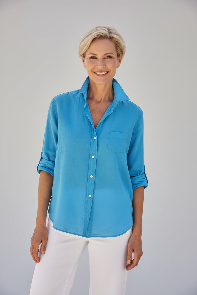 Women's Organic Cotton Voile Blouse - Airy Lightweight Button-Up, Vibrant Turquoise
