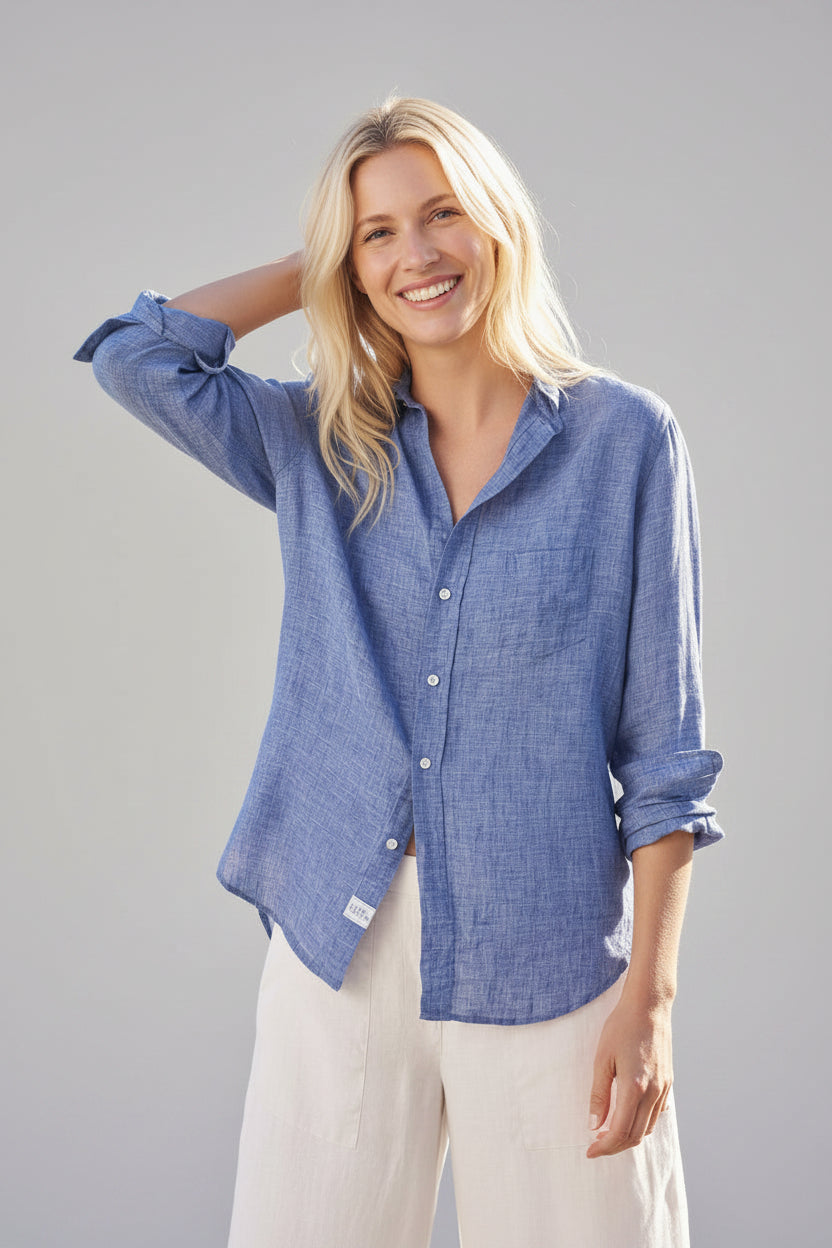 Women's Italian Linen Button-Up Shirt - Breathable Lightweight Summer Blouse, Classic Blue