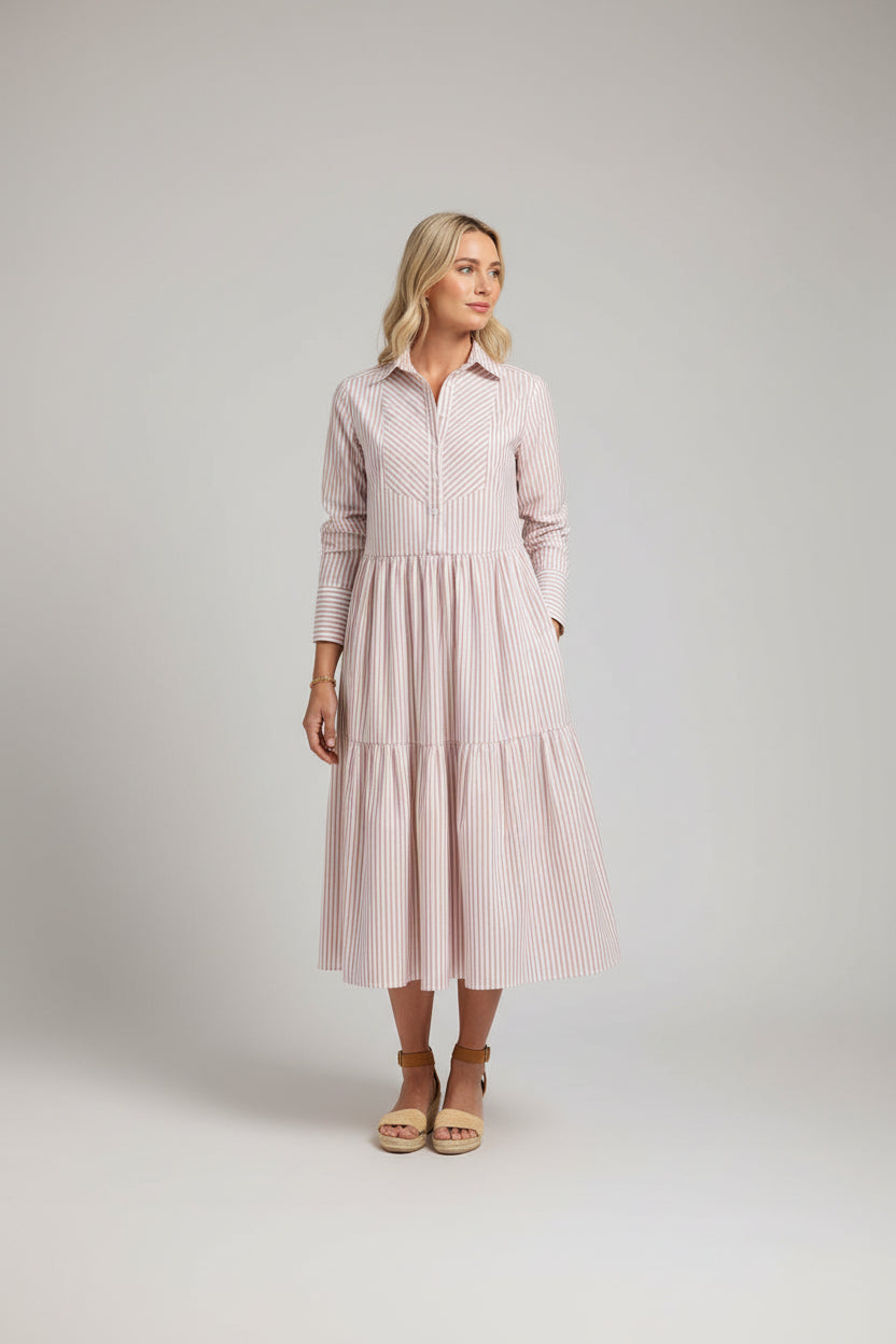 Women's Tiered Midi Shirtdress - Short Sleeve Lightweight Button Dress, Sand Beige Resort Wear