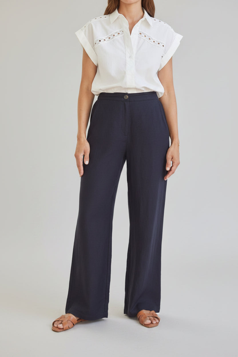 Women's Linen Blend Wide-Leg Pants - Lightweight High-Waisted Trousers, French Navy Tailored Beach Pants