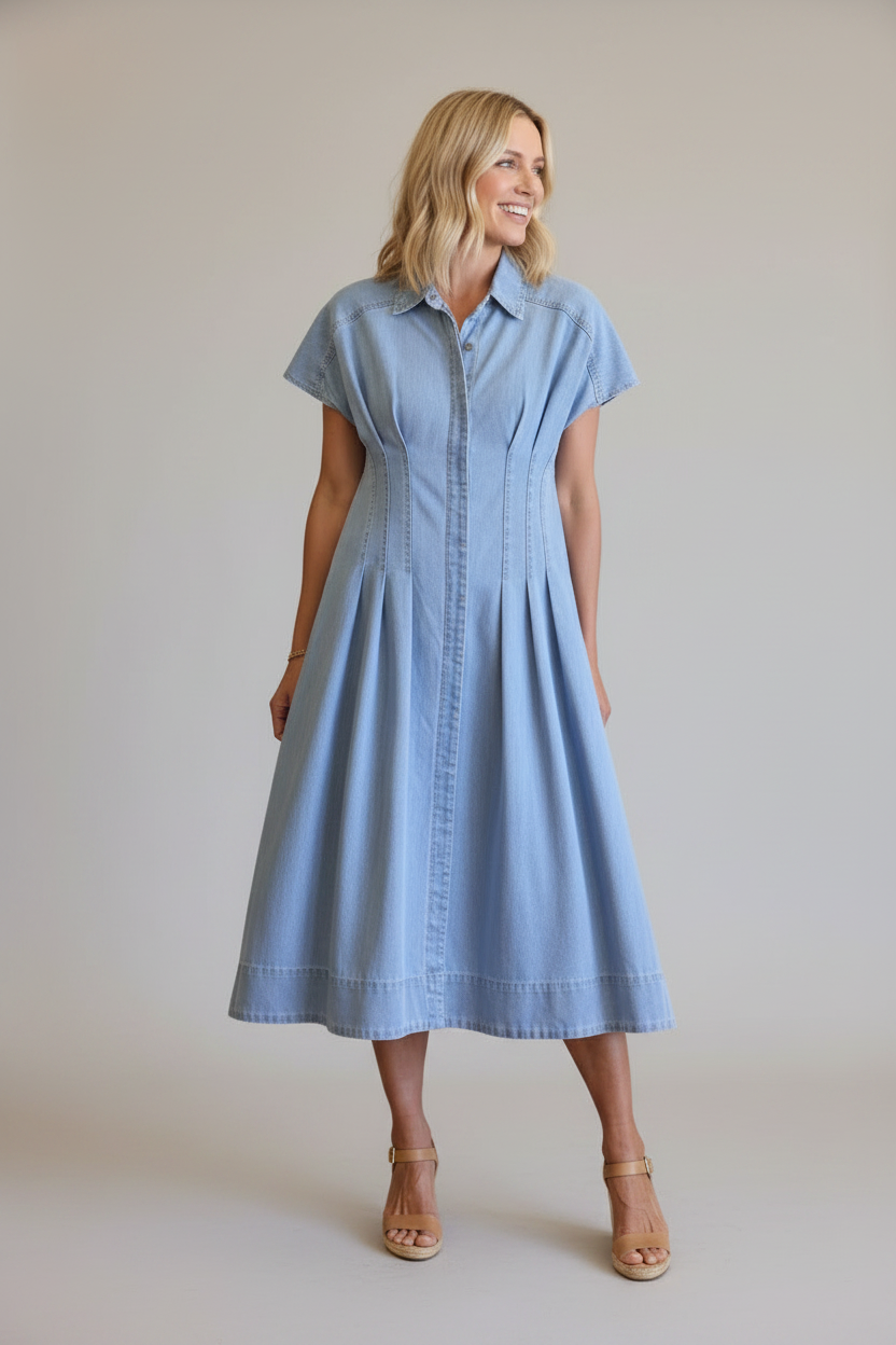 Women's Soft Wash Denim Midi Dress - Fit-and-Flare 100% Cotton Dress with Pockets, Light Blue