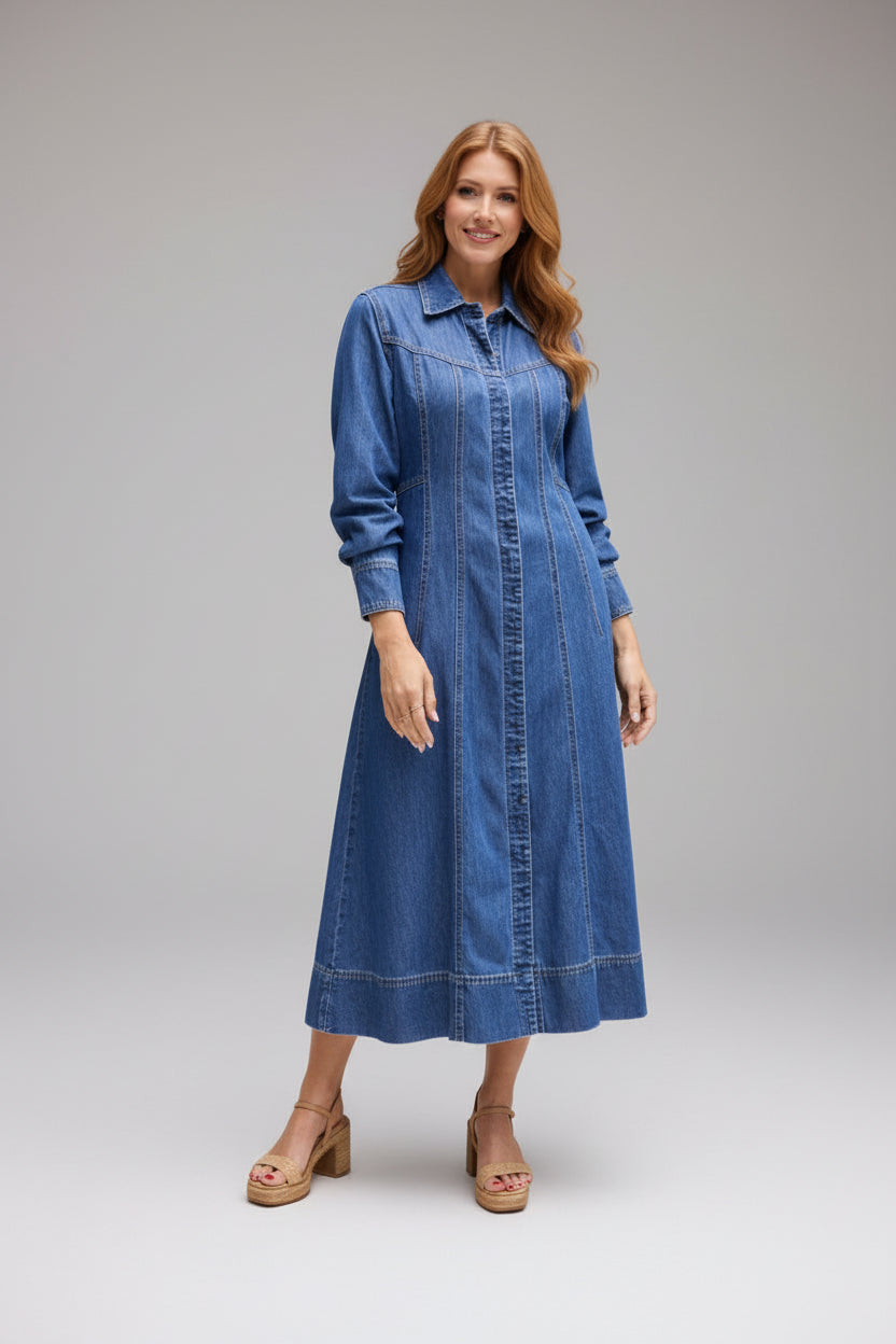 Women's Long Sleeve Denim Midi Dress - Cotton Soft-Wash Tiered Button Dress, Mid Blue Resort Wear