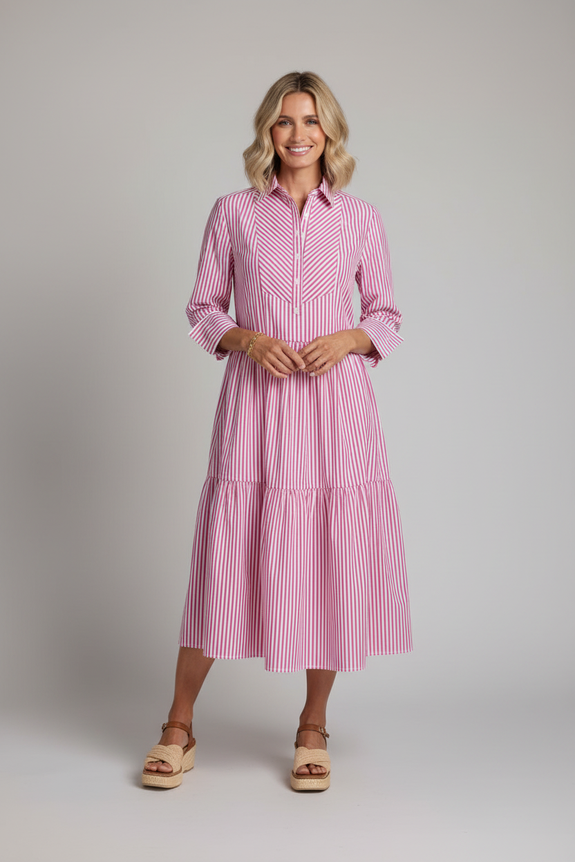 Women's Tiered Midi Shirtdress - Short Sleeve Lightweight Button Dress, Berry Pink Resort Wear