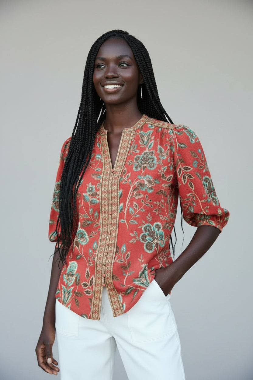 Women's Printed Cotton Voile Blouse - Lightweight Long Sleeve Shirt, Floral Pattern Button-Front Top