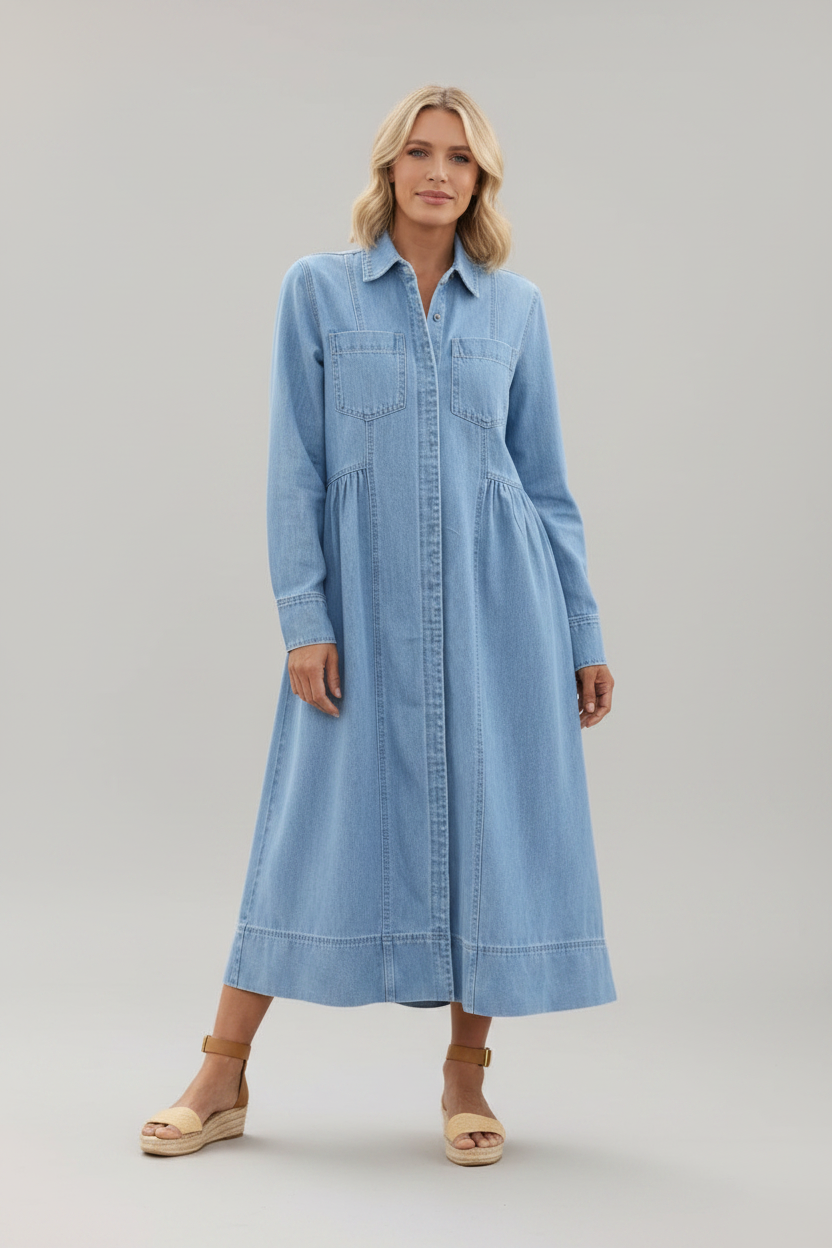 Women's Casual Long Sleeve Denim Dress - Light Blue Lightweight Cotton Shift Maxi, Classic Relaxed Fit Resort Utility Dress