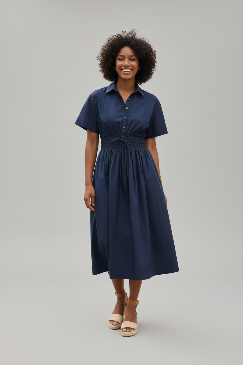 Women's Cotton Poplin Shirtdress - French Navy Mid-Weight Functional Drawstring Midi, Casual Premium Soft Wash Day Dress
