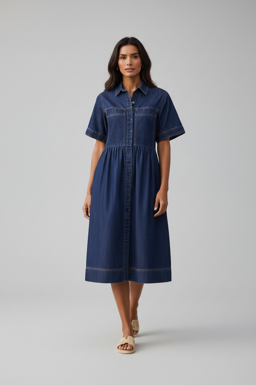 Women's Short Sleeve Denim Midi Dress - Cotton Soft-Wash Fit-and-Flare Dress, Indigo Blue Resort Wear