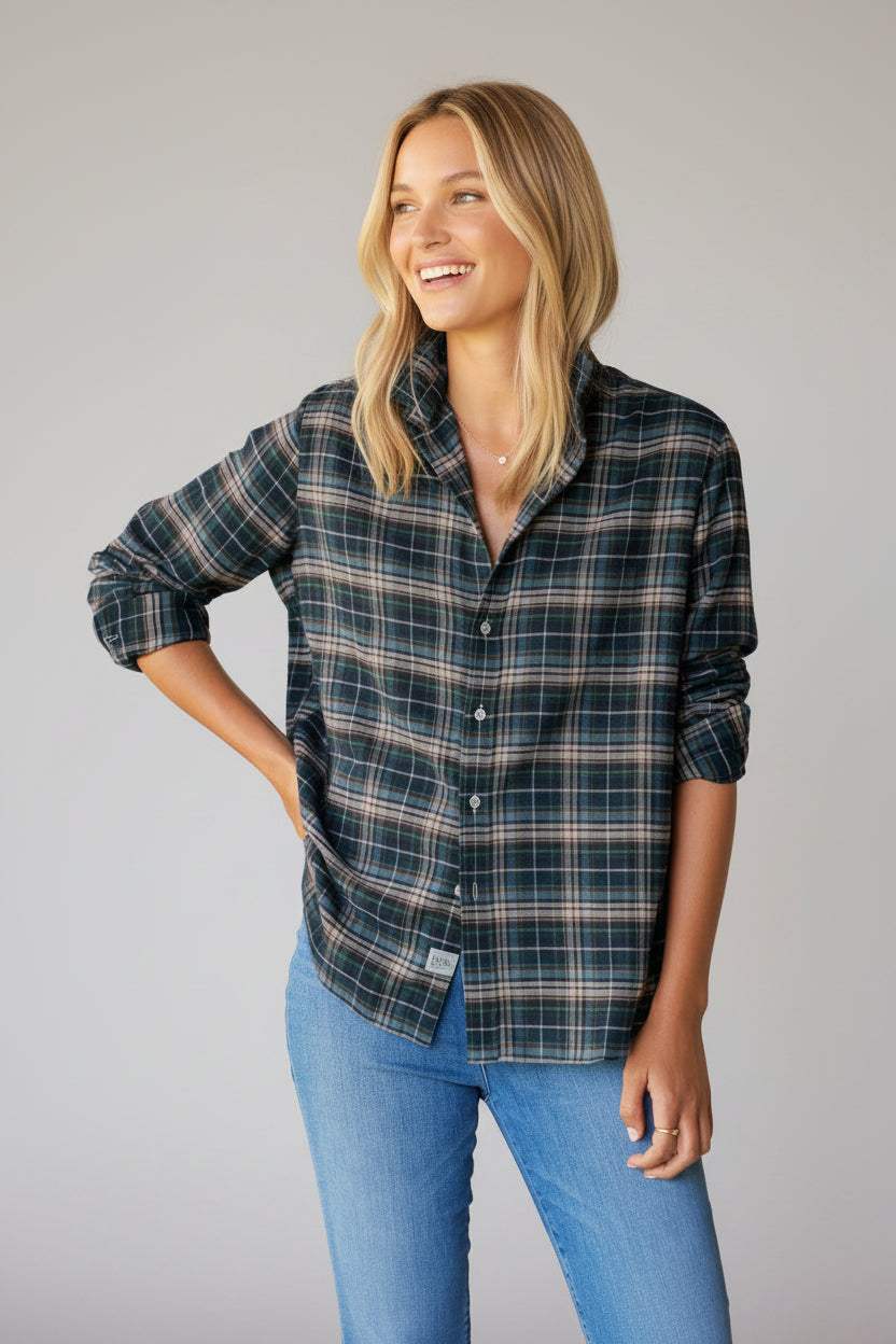 Women's Italian Flannel Button-Up Shirt - Soft Cotton Plaid Blouse, Gray and Tan