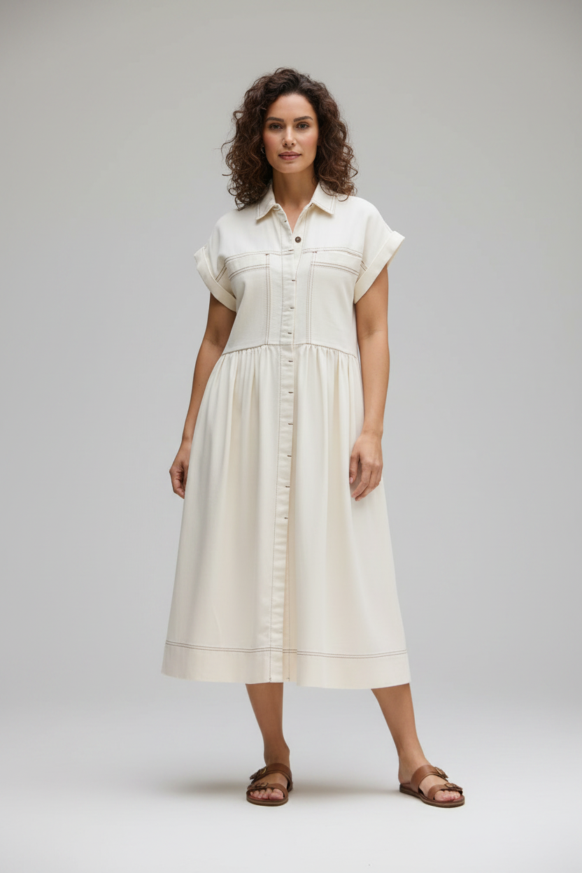 Women's Short Sleeve Denim Midi Dress - Cotton Soft-Wash Fit-and-Flare Dress, Ecru Cream Resort Wear
