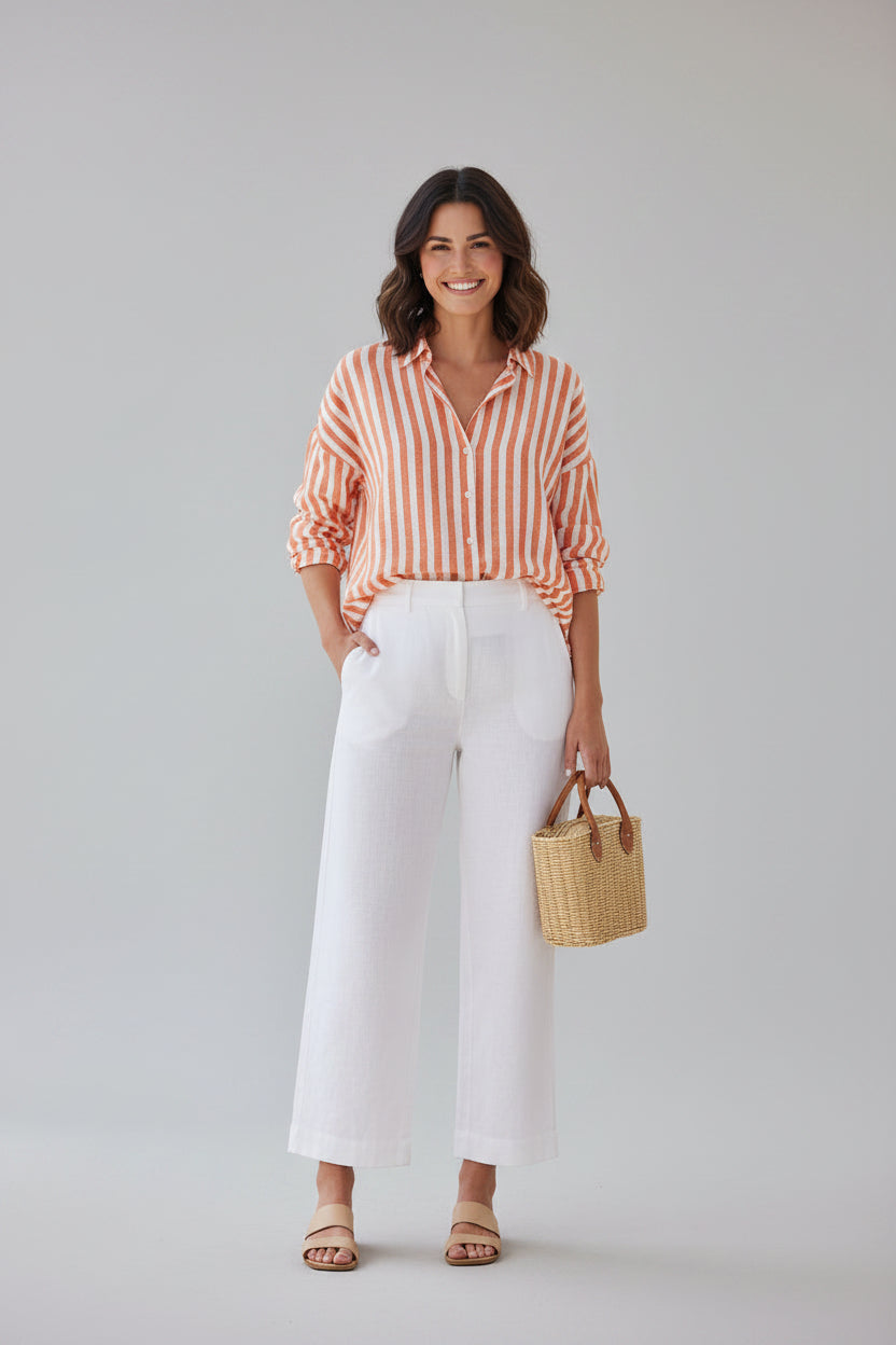 Women's Striped Cotton Button-Down Shirt - Lightweight Slim Fit Blouse, Tangerine Beach Cover-Up