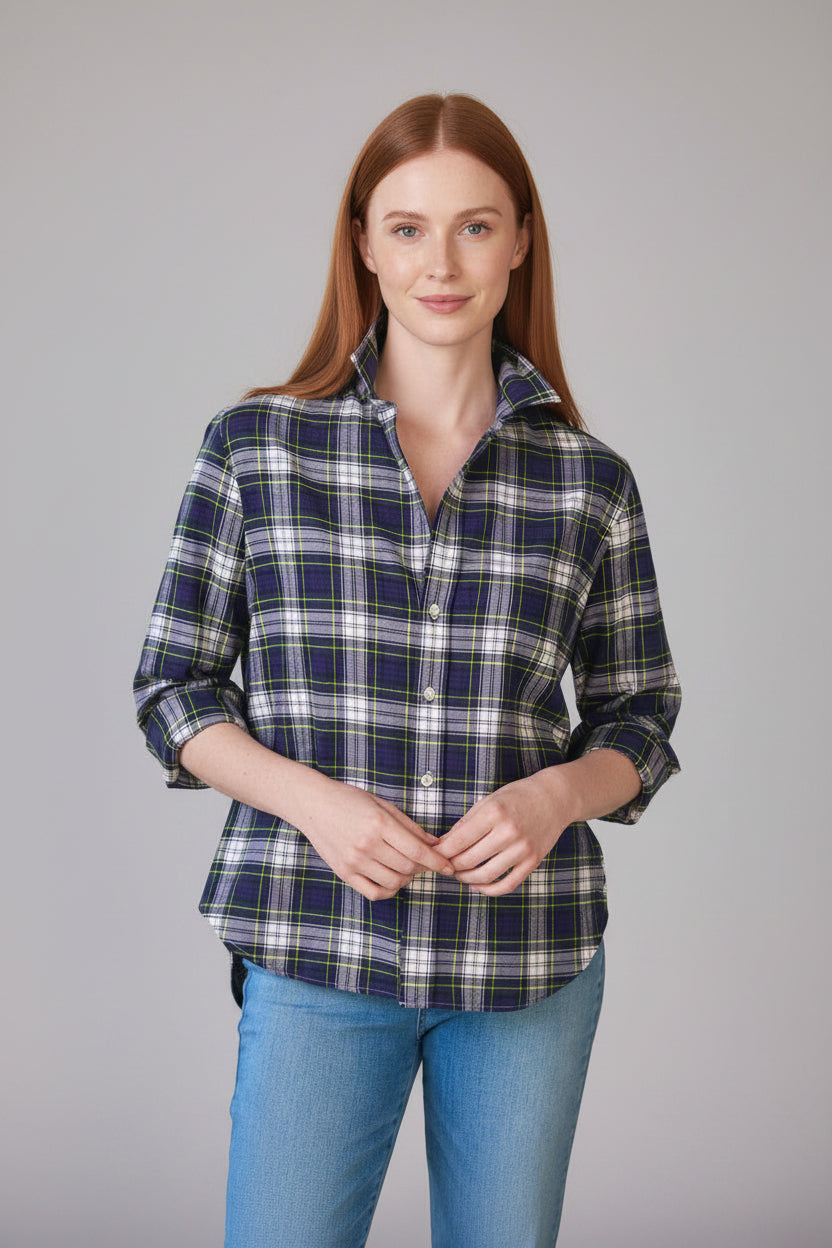Women's Italian Flannel Button-Up Shirt - Soft Cotton Plaid Blouse, Blue and Green