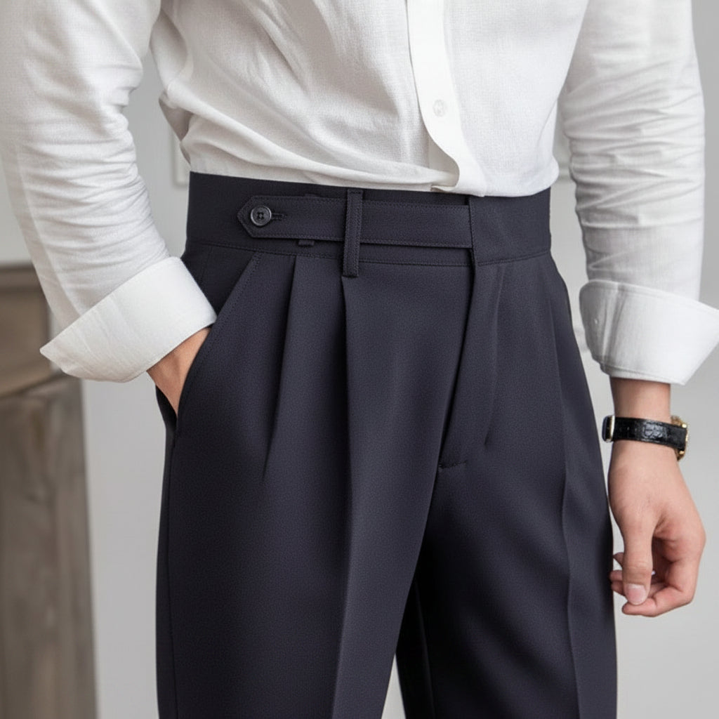 Men's Tailored Old-Money Trousers - Classic Pleated Dress Pants, Adjustable Buckle Smart Slacks