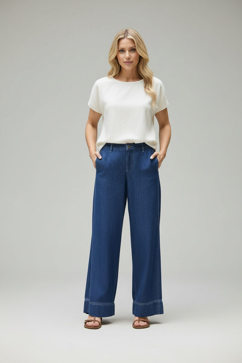 Women's High-Waisted Wide-Leg Denim Pants - Flowy Lightweight Jean Trousers, Ocean Blue Summer Slacks
