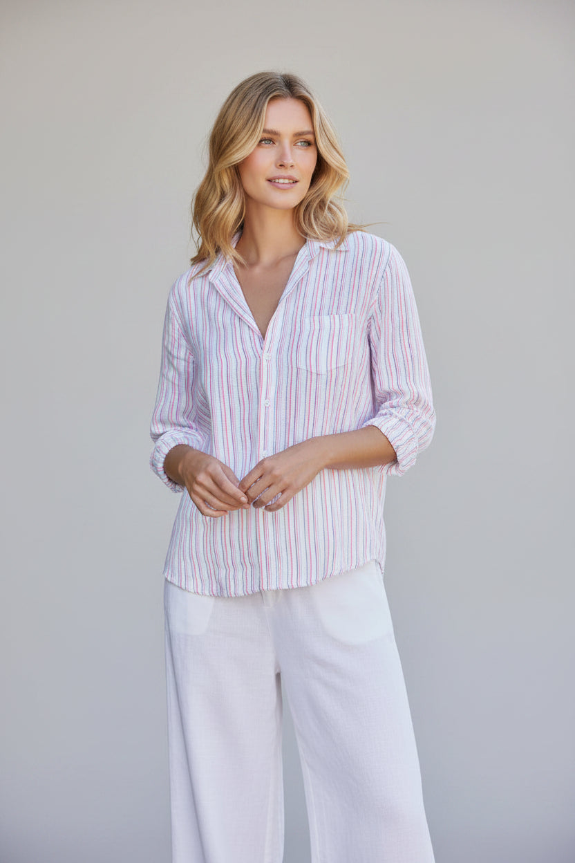 Women's Italian Linen Button-Up Shirt - Breathable Lightweight Striped Blouse, Multicolor