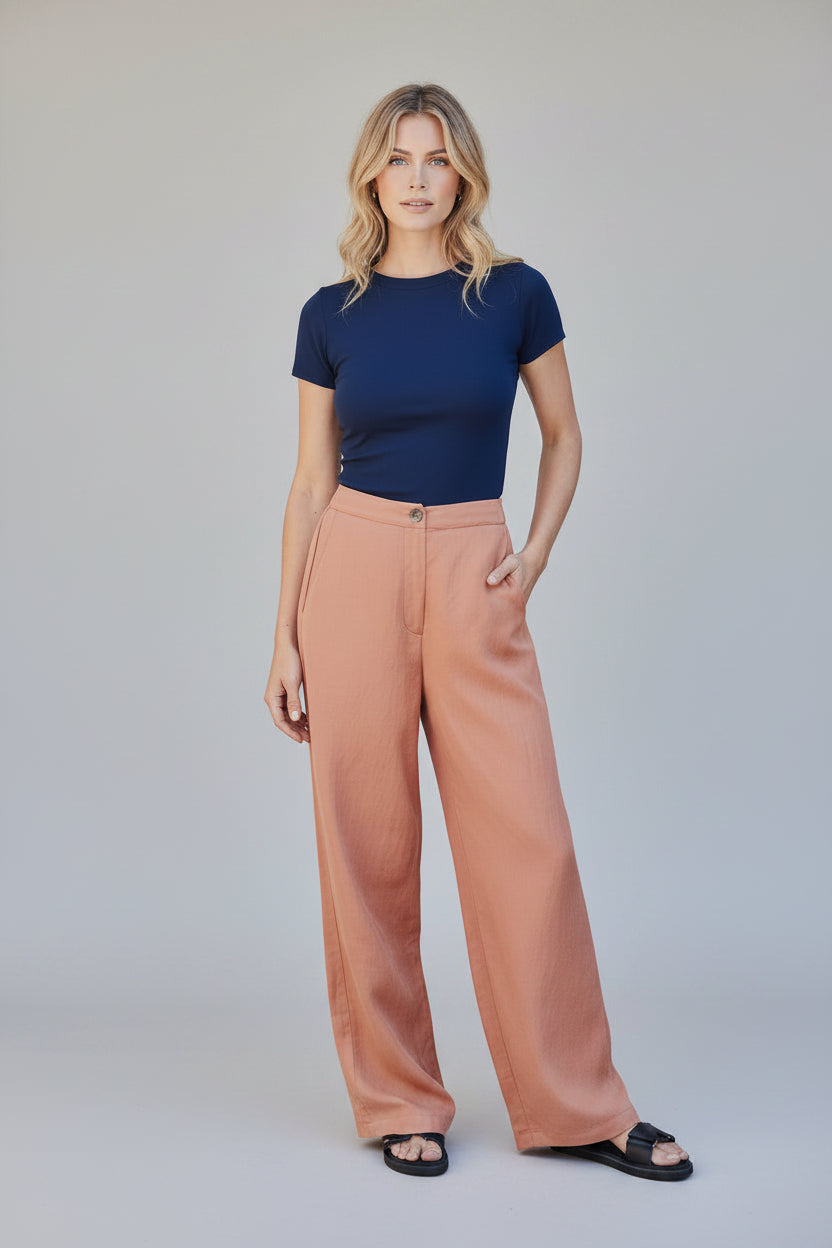 Women's Linen Blend Wide-Leg Pants - Lightweight High-Waisted Trousers, Caramel Tailored Beach Pants
