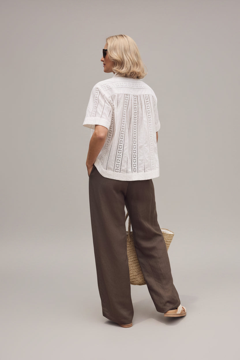 Women's Delicate Embroidered Shirt - Ivory White Premium Lightweight Cotton Button-Up, Casual Textured Summer Resort Blouse