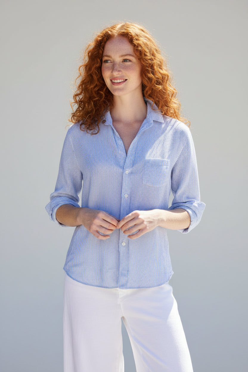 Women's Italian Linen Button-Up Shirt - Breathable Lightweight Striped Blouse, Thin Blue Stripe
