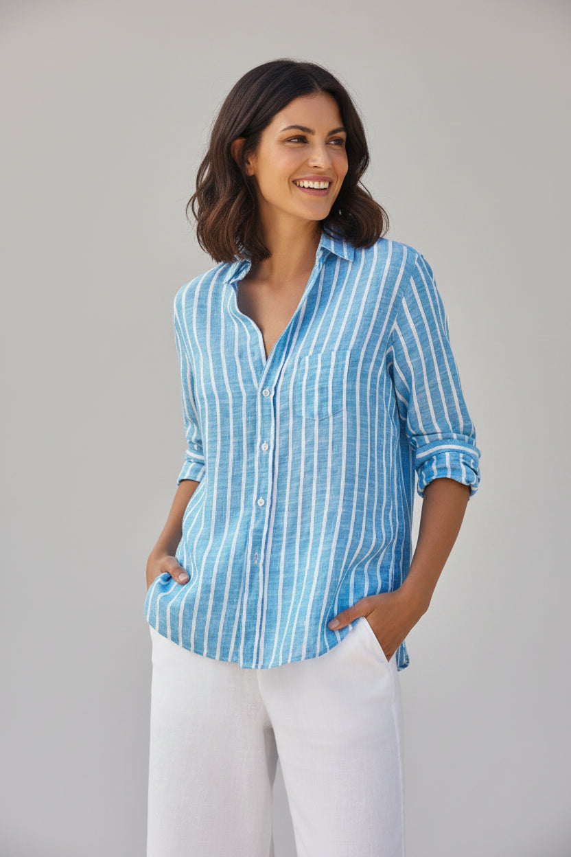 Women's Italian Linen Button-Up Shirt - Breathable Lightweight Striped Blouse, Turquoise and White Stripe
