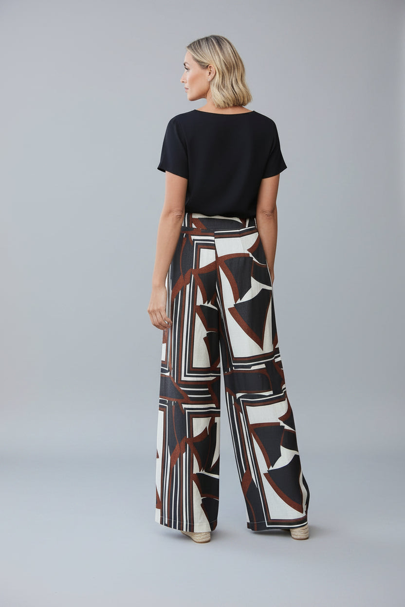 Women's Printed Wide-Leg Pants - Flowy High-Waisted Resort Trousers, Ines Pattern Beach Slacks