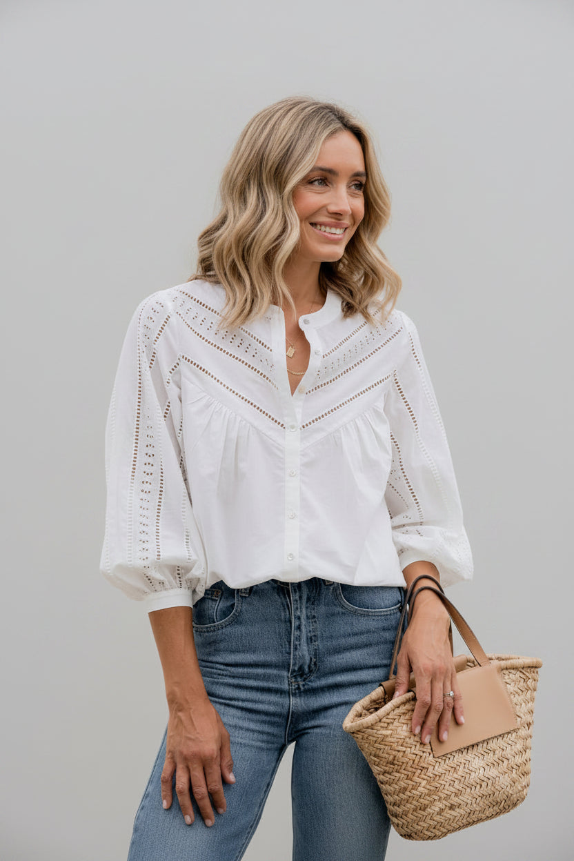Women's Lightweight Linen Blouse - Loose Fit V-Neck Summer Shirt, Classic White Resort Top