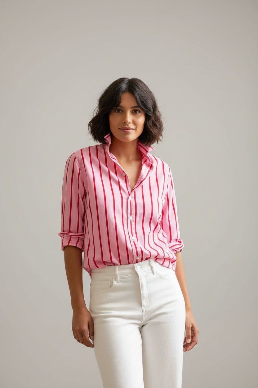 Women's Superluxe Striped Button-Up Shirt - Premium Lightweight Summer Blouse, Pink and Red