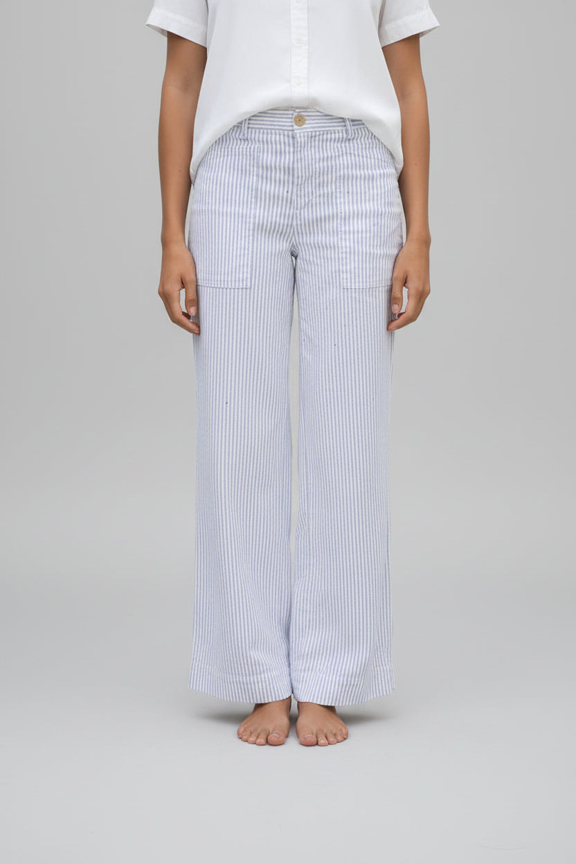 Women's Striped Wide-Leg Pants - High-Waisted Italian Performance Linen Trousers, Navy and White Resort Slacks