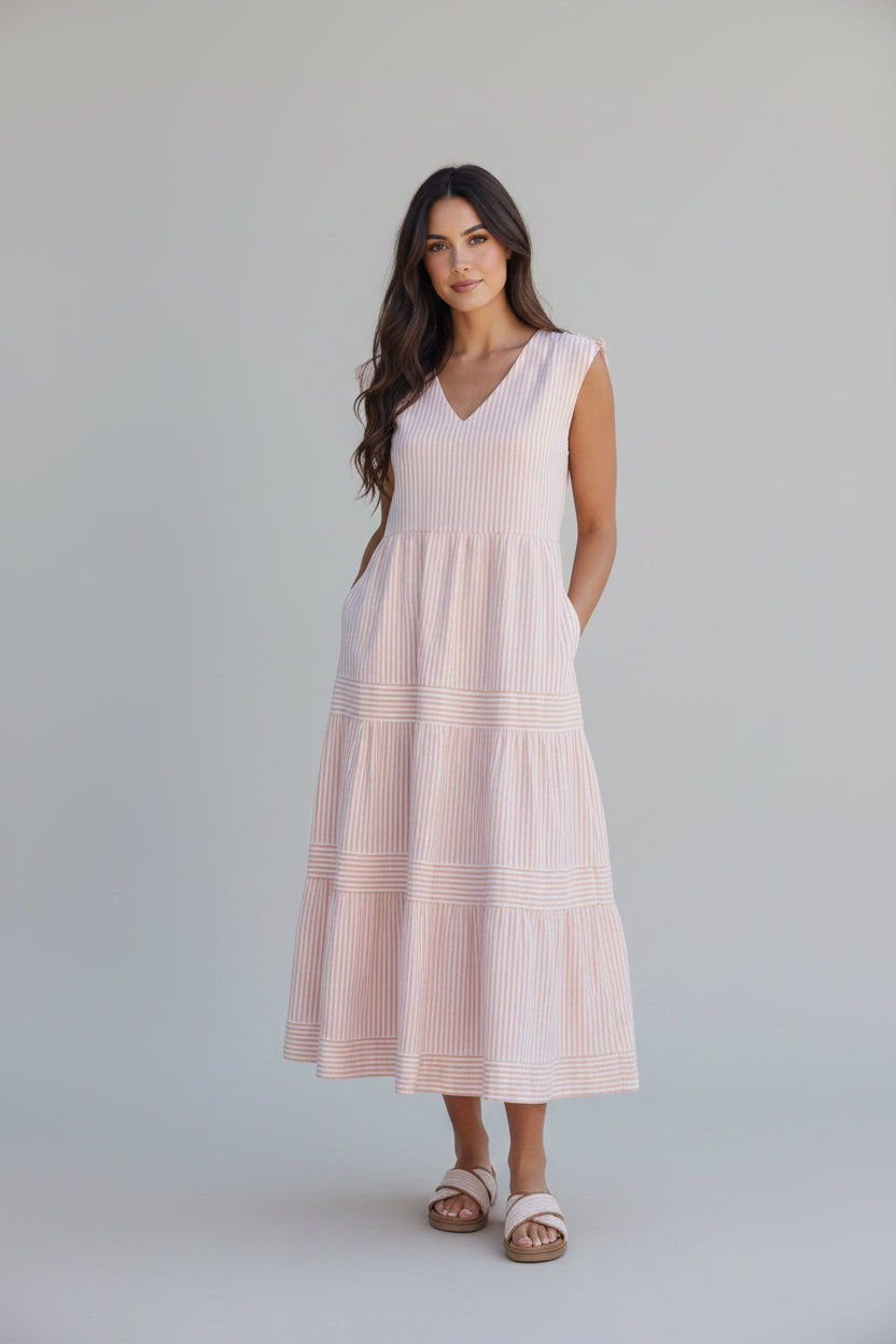 Women's Striped Tiered Midi Dress - Lemon Yellow and White Cotton Cap Sleeve Sun Dress, Adjustable Casual Beach Resort Maxi