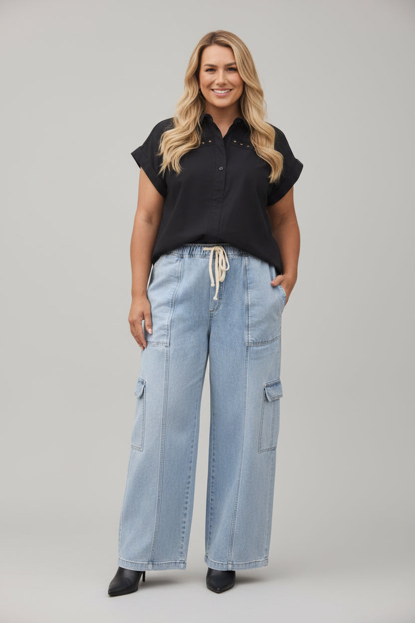 Women's Short Sleeve Button-Down Top - Jet Black Premium Lightweight Summer Blouse, Casual V-Neck Resort Shirt