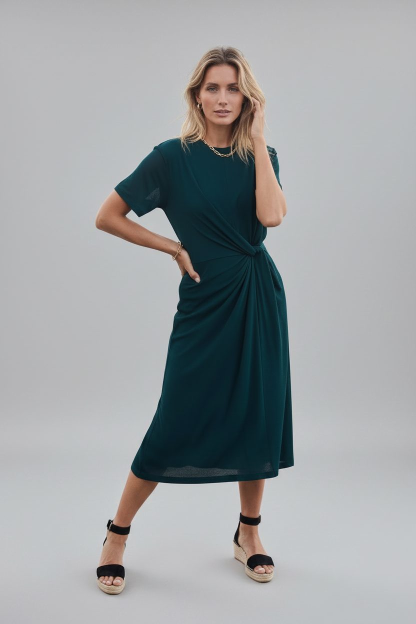 Women's Short Sleeve Jersey Midi Dress - Flowy Split-Skirt Wrap Dress, Emerald Green Resort Wear
