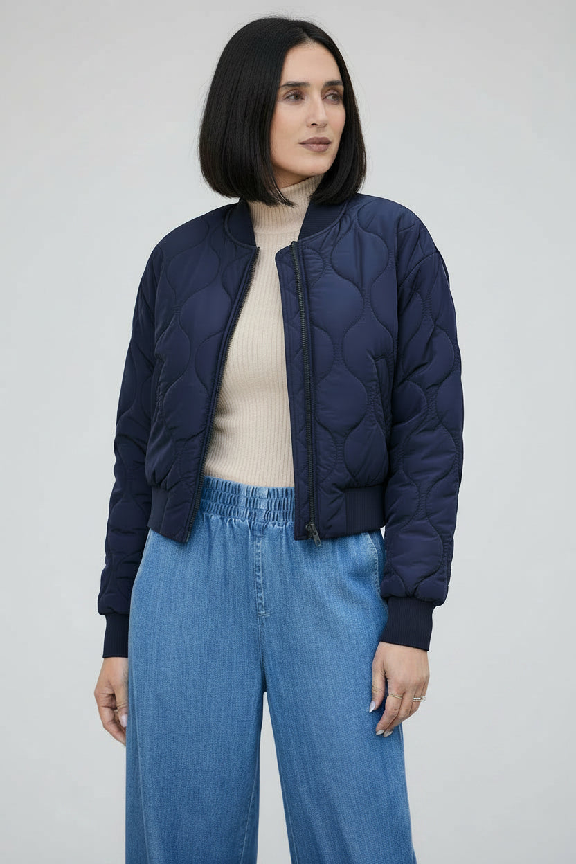 Women's Classic Lightweight Bomber Jacket - French Navy Blue Premium Casual Aviator Layering Coat, Wind-Resistant Outerwear