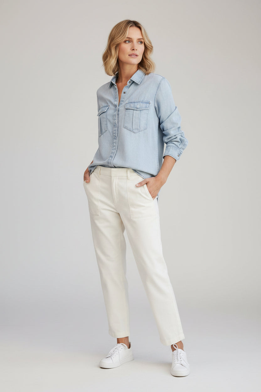 Women's Light Blue Chambray Shirt - Premium Cotton Long Sleeve Button-Down, Casual Lightweight Summer Resort Shirt
