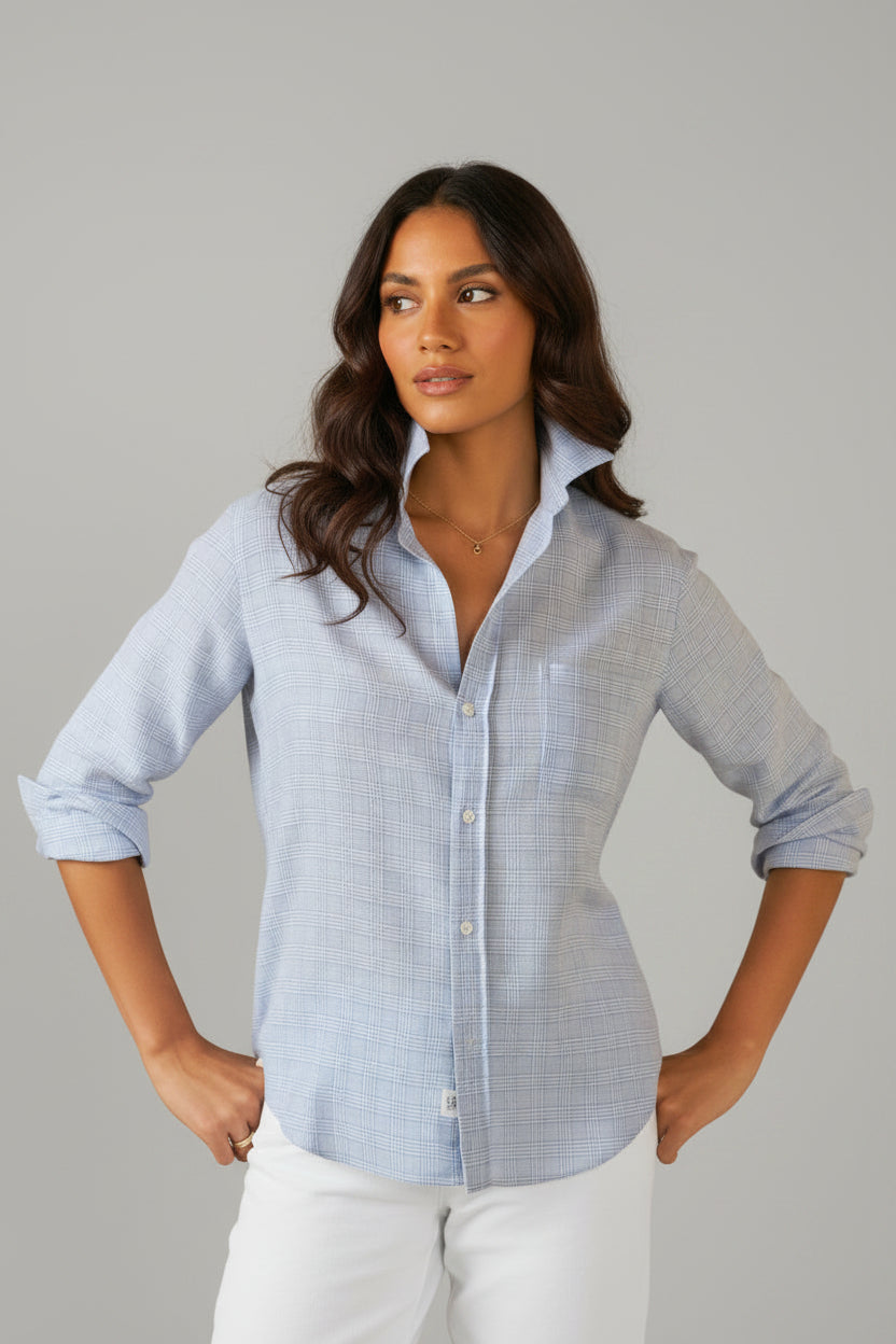 Women's Italian Flannel Button-Up Shirt - Soft Patterned Blouse, Light Blue