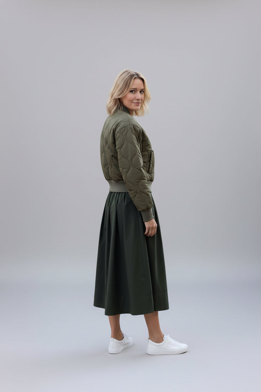 Women's Classic Lightweight Bomber Jacket - Khaki Green Premium Casual Aviator Layering Coat, Wind-Resistant Utility Outerwear