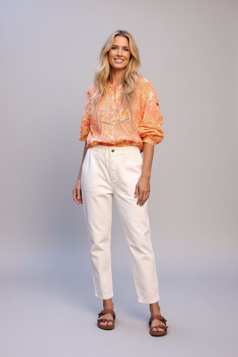 Women's Cotton Drill Cropped Pants - Soft Wash High-Waisted Trousers, Casual White Pocketed Beach Pants
