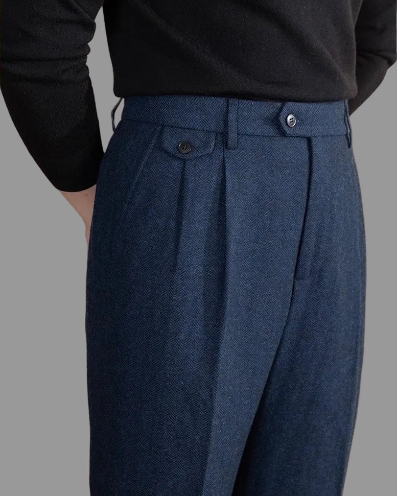 Men's Herringbone Wool Trousers - High-Waisted Pleated Front Pants, Adjustable Side Tab Slacks