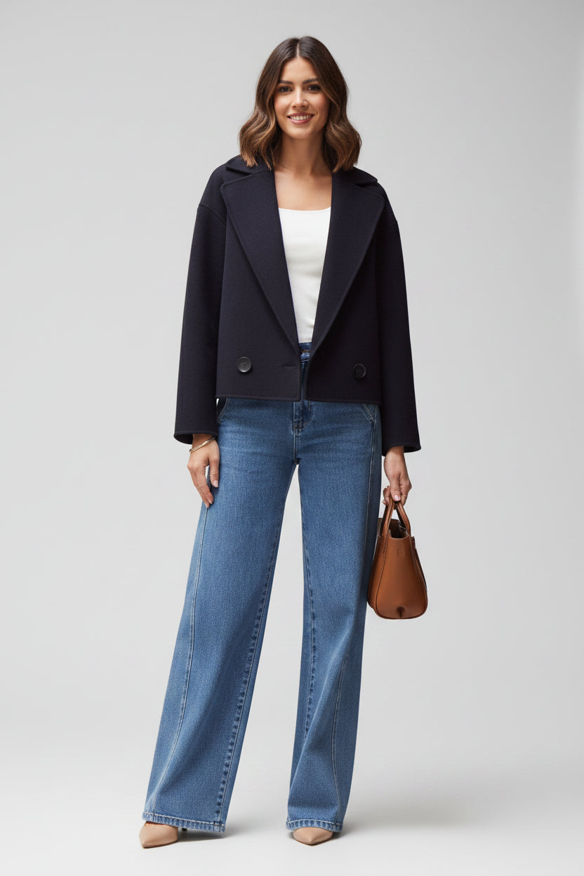 Women's Cropped Utility Jacket - French Navy Blue Premium Lightweight Coat, Casual Button-Front Summer Resort Outerwear