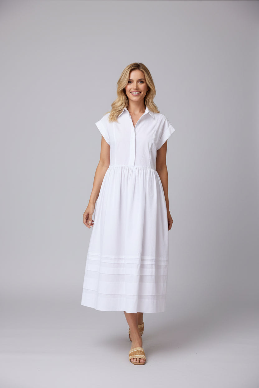 Women's Cotton Midi Shirtdress - Short Sleeve Collared A-Line Dress, Classic White Resort Wear