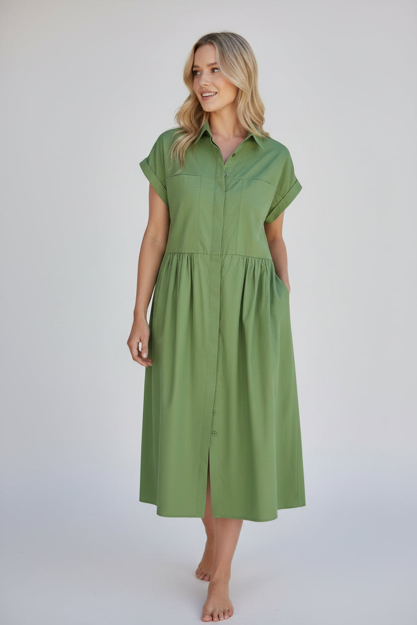 Women's Cotton Poplin Midi Shirtdress - Relaxed Button-Front Dress with Cap Sleeves, Apple Green