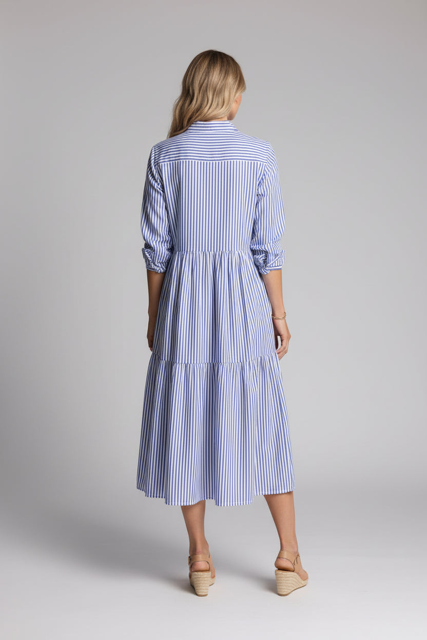 Women's Tiered Midi Shirtdress - Short Sleeve Lightweight Button Dress, Midnight Navy Resort Wear