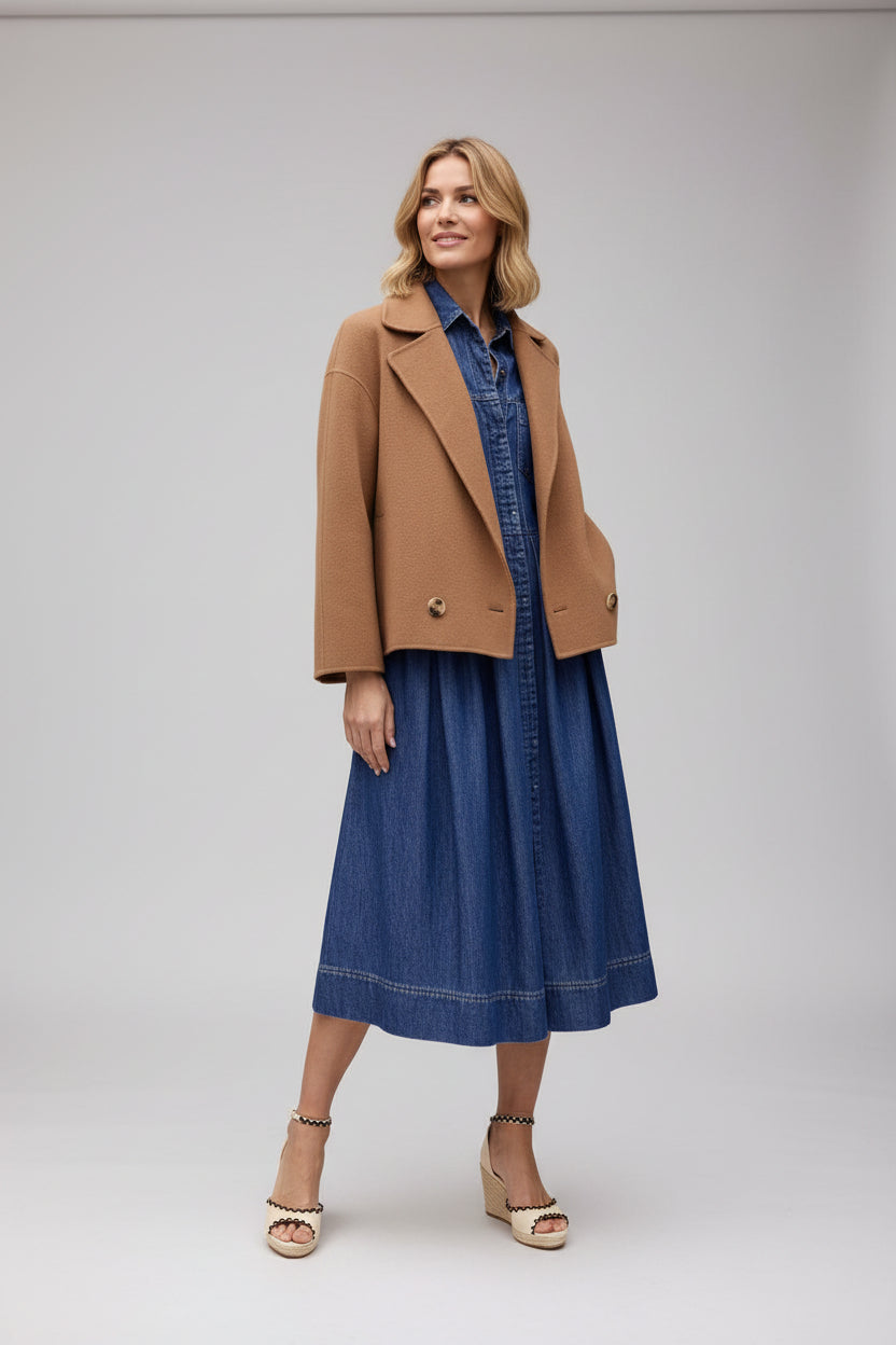 Women's Cropped Utility Blazer Jacket - Camel Brown Premium Lightweight Outerwear, Casual Open-Front Short Summer Suit Coat
