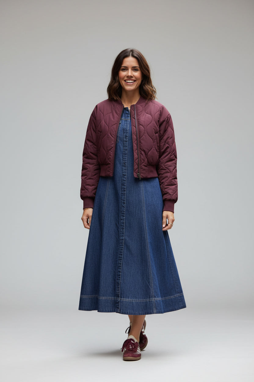 Women's Classic Lightweight Bomber Jacket - Wine Maroon Premium Casual Aviator Layering Coat, Wind-Resistant Outerwear