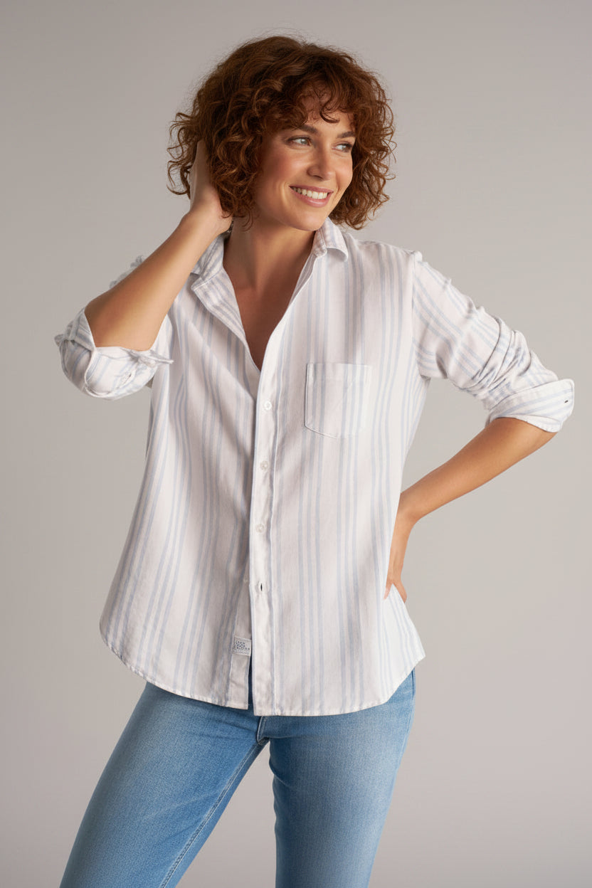 Women's Italian Flannel Button-Up Shirt - Soft Striped Coastal Blouse, Multi Blue
