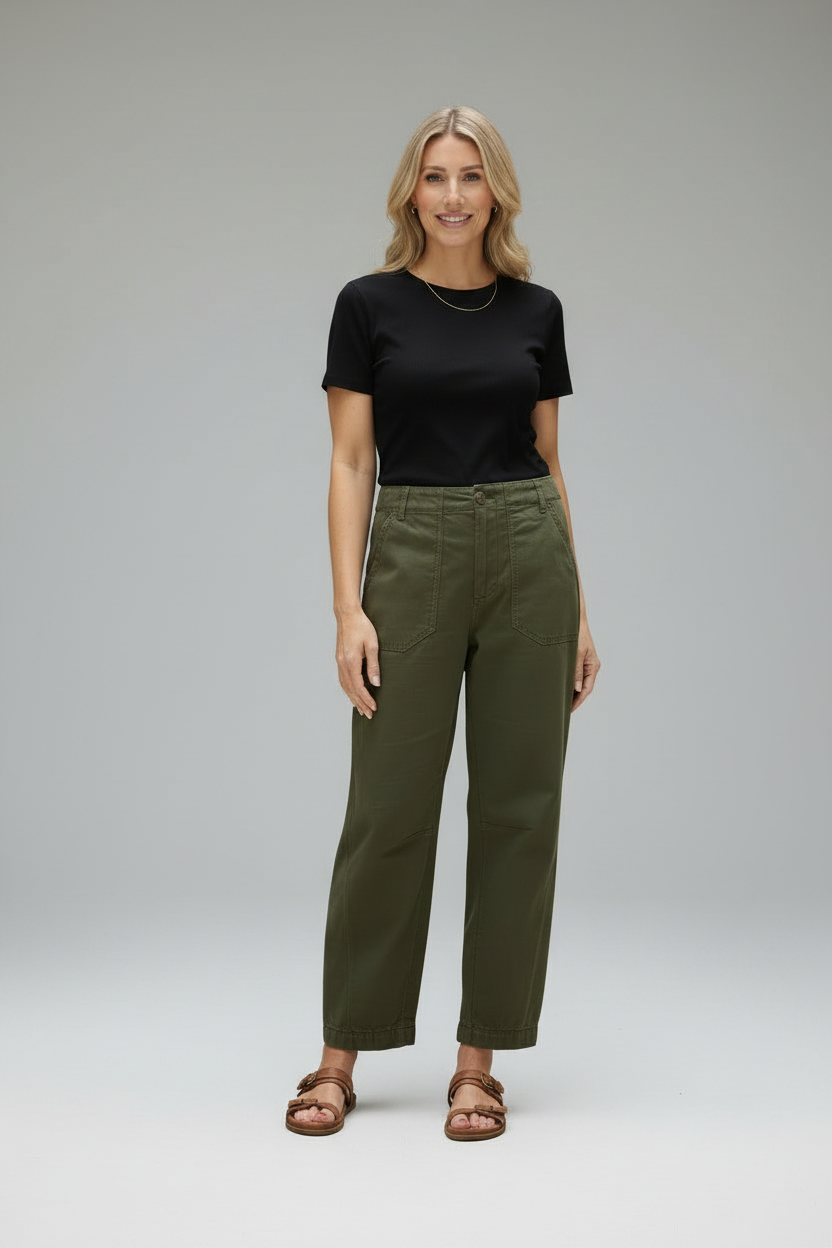 Women's Cropped Wide-Leg Pants - Casual High-Waisted Summer Trousers, Khaki Green