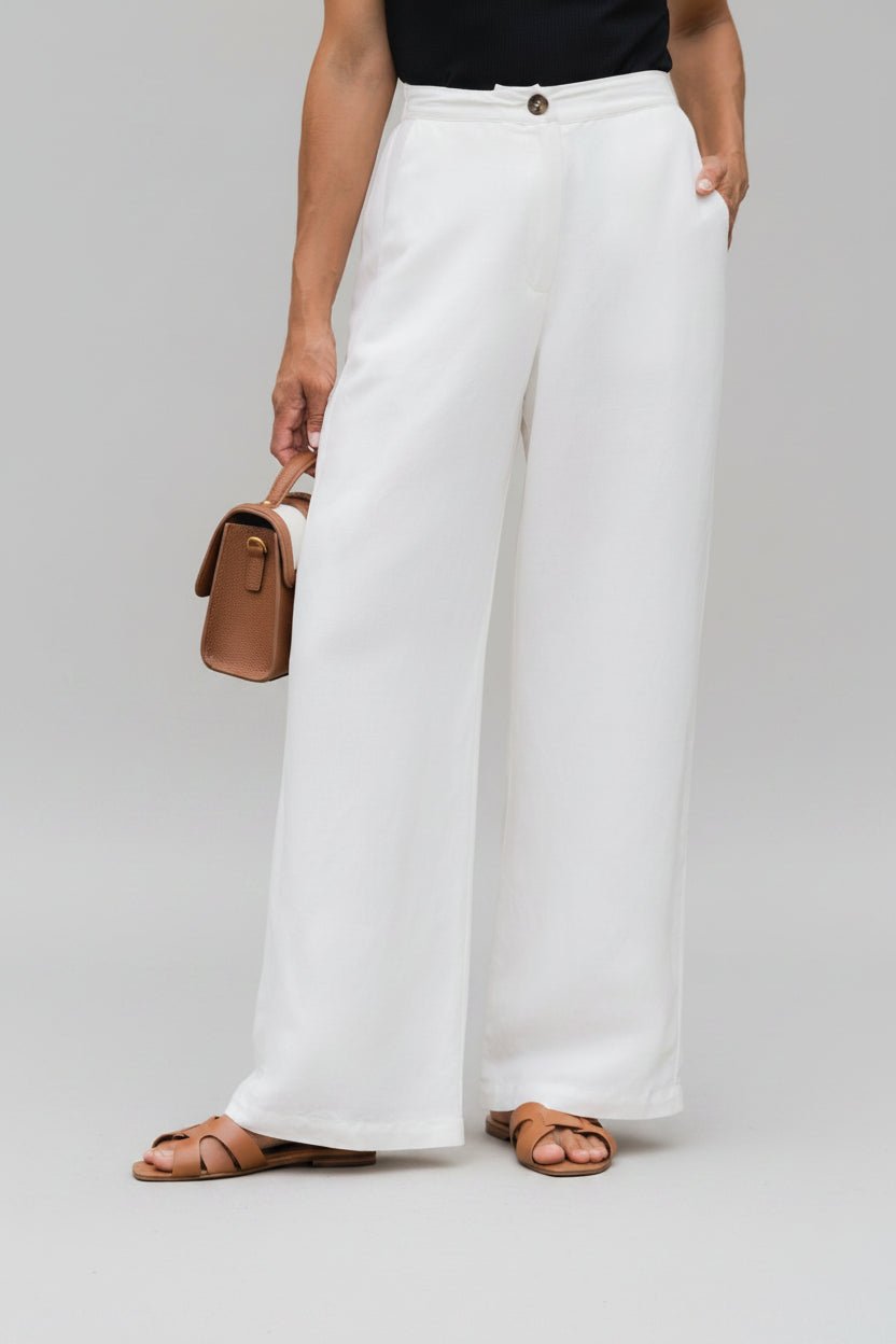 Women's Linen Blend Wide-Leg Pants - Lightweight High-Waisted Trousers, Ivory Tailored Beach Pants