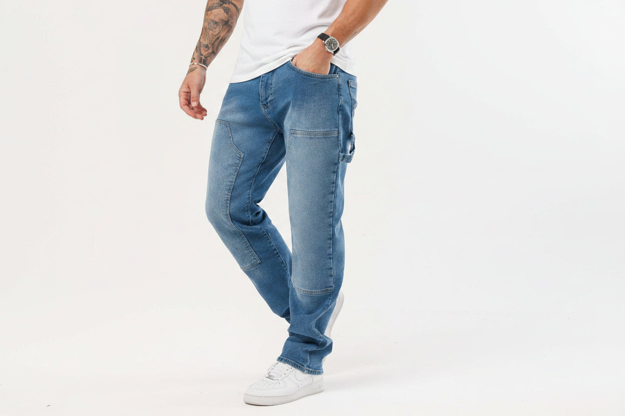 Men's Relaxed Fit Carpenter Jeans - Straight-Leg Denim Utility Pants, Mid Blue Denim
