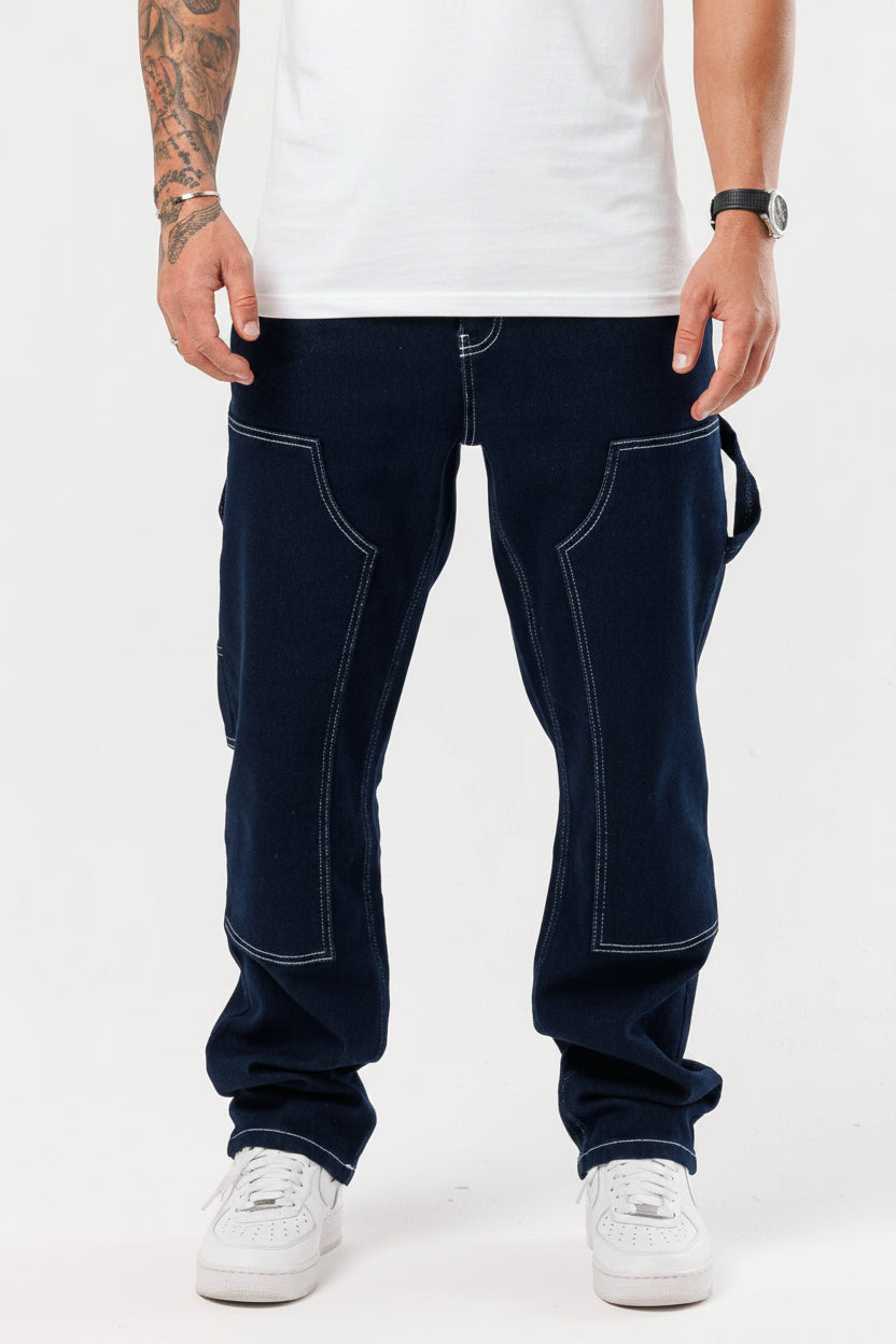 Men's Relaxed Fit Carpenter Jeans - Straight-Leg Denim Utility Pants, Dark Rinse Wash